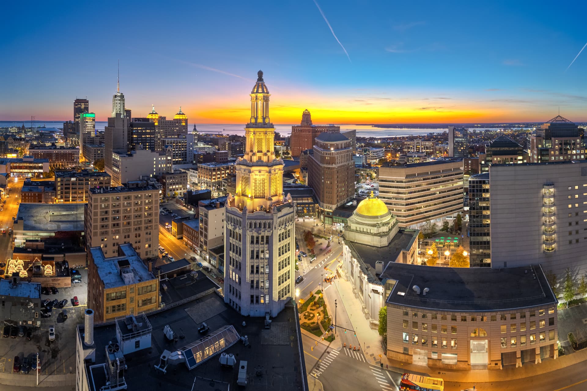 Aerial view of the Buffalo skyline at sunset